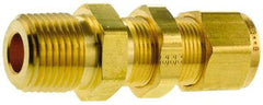 Parker - 1/4" OD, Brass Bulkhead Connector - 3,500 Max Working psi, 11/16" Hex, Comp x MNPT Ends - Benchmark Tooling