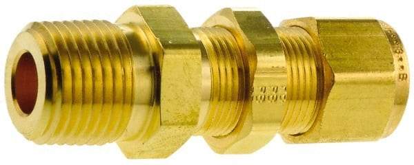 Parker - 1/4" OD, Brass Bulkhead Connector - 3,500 Max Working psi, 11/16" Hex, Comp x MNPT Ends - Benchmark Tooling