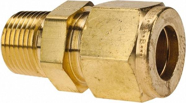 Parker - 1/2" OD, Brass Male Connector - 2,200 Max Working psi, 13/16" Hex, Comp x MNPT Ends - Benchmark Tooling