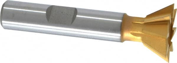 Made in USA - 3/4" Diam x 5/16" Width of Cut, 60° Included Angle, High Speed Steel Dovetail Cutter - 3/8" Shank Diam, 2-1/8" Overall Length, Weldon Flat, TiN Coated - Benchmark Tooling