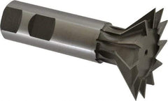 Made in USA - 2-1/4" Diam x 11/16" Width of Cut, 45° Included Angle, High Speed Steel Dovetail Cutter - 1" Shank Diam, 3-1/16" Shank Length, 3-3/4" Overall Length, Weldon Flat, Uncoated - Benchmark Tooling