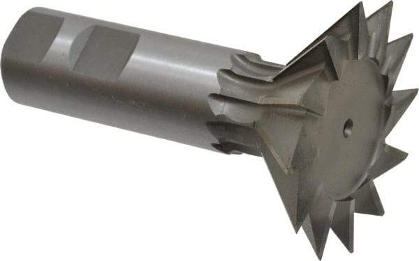 Made in USA - 2-1/2" Diam x 3/4" Width of Cut, 45° Included Angle, High Speed Steel Dovetail Cutter - 1" Shank Diam, 3" Shank Length, 3-3/4" Overall Length, Weldon Flat, Uncoated - Benchmark Tooling