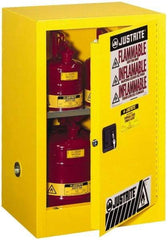 Justrite - 1 Door, 1 Shelf, Yellow Steel Space Saver Safety Cabinet for Flammable and Combustible Liquids - 35" High x 23-1/4" Wide x 18" Deep, Manual Closing Door, 12 Gal Capacity - Benchmark Tooling