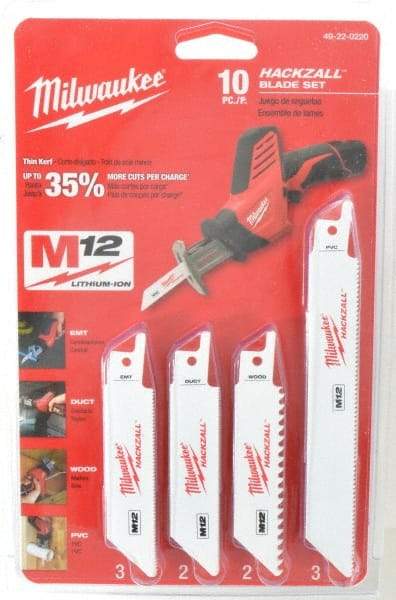 Milwaukee Tool - 10 Piece, 4" Long x 0.035" Thick, Bi-Metal Reciprocating Saw Blade Set - Straight Profile, 6 to 24 Teeth per Inch - Benchmark Tooling