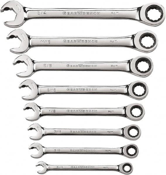 GearWrench - 8 Piece, 5/16" to 3/4", 12 Point Ratcheting Combination Wrench Set - Inch Measurement Standard, Chrome Finish - Benchmark Tooling