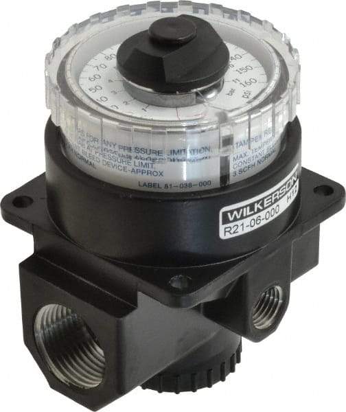 Wilkerson - 3/4 NPT Port, 220 CFM, Zinc Dial Air Regulator - 5 to 160 psi Range, 300 Max psi Supply Pressure, 1/4" Gauge Port Thread, 3.2" Wide x 4.19" High - Benchmark Tooling