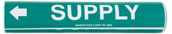 Made in USA - Pipe Marker with Supply Legend and Arrow Graphic - 4-5/8 to 5-7/8" Pipe Outside Diam, White on Green - Benchmark Tooling