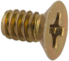Made in USA - #6-32 UNC, 1/4" OAL Phillips Drive Machine Screw - Flat Head, Grade 3 Steel, Yellow Cadmium-Plated Finish, Without Washer - Benchmark Tooling