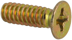Made in USA - #6-32 UNC, 7/16" OAL Phillips Drive Machine Screw - Flat Head, Grade 3 Steel, Yellow Cadmium-Plated Finish, Without Washer - Benchmark Tooling