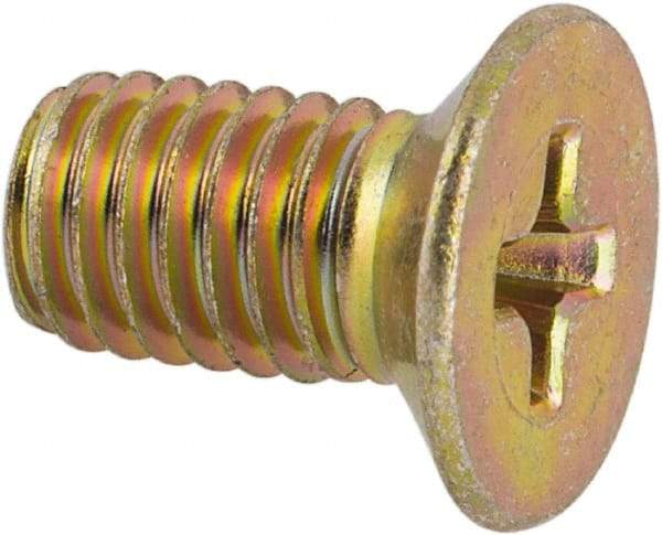 Made in USA - #10-32 UNF, 3/8" OAL Phillips Drive Machine Screw - Flat Head, Grade 3 Steel, Yellow Cadmium-Plated Finish, Without Washer - Benchmark Tooling