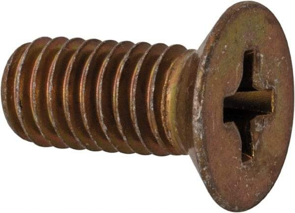 Made in USA - #10-32 UNF, 7/16" OAL Phillips Drive Machine Screw - Flat Head, Grade 3 Steel, Yellow Cadmium-Plated Finish, Without Washer - Benchmark Tooling
