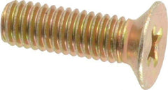 Made in USA - #10-32 UNF, 5/8" OAL Phillips Drive Machine Screw - Flat Head, Grade 3 Steel, Yellow Cadmium-Plated Finish, Without Washer - Benchmark Tooling