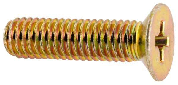 Made in USA - #10-32 UNF, 3/4" OAL Phillips Drive Machine Screw - Flat Head, Grade 3 Steel, Yellow Cadmium-Plated Finish, Without Washer - Benchmark Tooling
