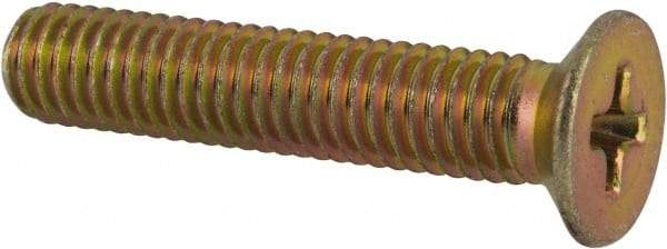 Made in USA - #10-32 UNF, 1" OAL Phillips Drive Machine Screw - Flat Head, Grade 3 Steel, Yellow Cadmium-Plated Finish, Without Washer - Benchmark Tooling