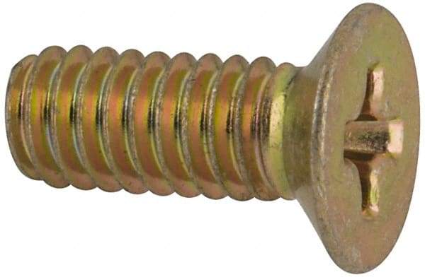 Made in USA - #8-32 UNC, 7/16" OAL Phillips Drive Machine Screw - Flat Head, Grade 3 Steel, Yellow Cadmium-Plated Finish, Without Washer - Benchmark Tooling