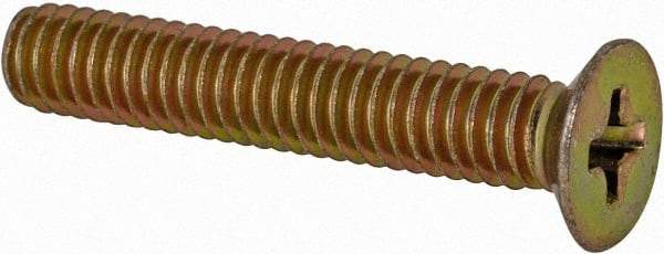 Made in USA - #8-32 UNC, 1" OAL Phillips Drive Machine Screw - Flat Head, Grade 3 Steel, Yellow Cadmium-Plated Finish, Without Washer - Benchmark Tooling