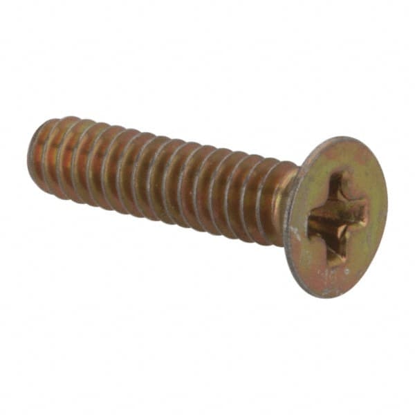 Made in USA - #4-40 UNC, 1/2" OAL Phillips Drive Machine Screw - Flat Head, Grade 3 Steel, Yellow Cadmium-Plated Finish, Without Washer - Benchmark Tooling