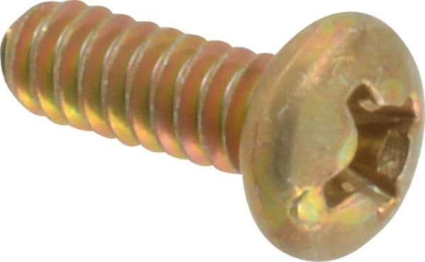 Made in USA - #6-32 UNC, 3/8" Length Under Head Phillips Drive Machine Screw - Pan Head, Grade 3 Steel, Yellow Cadmium-Plated Finish, Without Washer - Benchmark Tooling