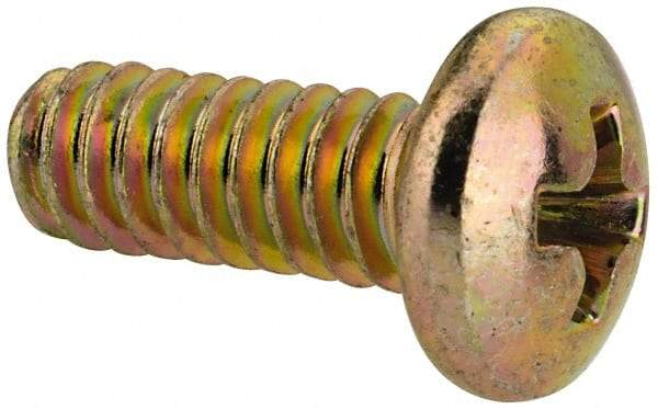 Made in USA - #10-24 UNC, 1/2" Length Under Head Phillips Drive Machine Screw - Pan Head, Grade 3 Steel, Yellow Cadmium-Plated Finish, Without Washer - Benchmark Tooling