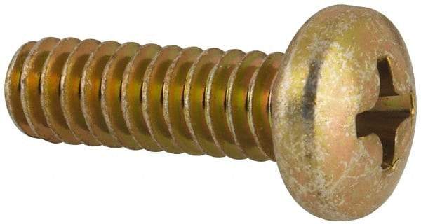 Made in USA - #10-24 UNC, 5/8" Length Under Head Phillips Drive Machine Screw - Pan Head, Grade 3 Steel, Yellow Cadmium-Plated Finish, Without Washer - Benchmark Tooling