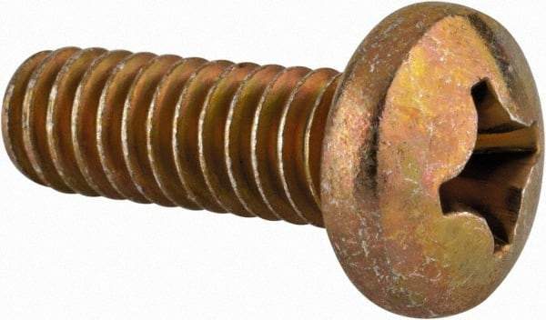 Made in USA - 1/4-20 UNC, 3/4" Length Under Head Phillips Drive Machine Screw - Pan Head, Grade 3 Steel, Yellow Cadmium-Plated Finish, Without Washer - Benchmark Tooling