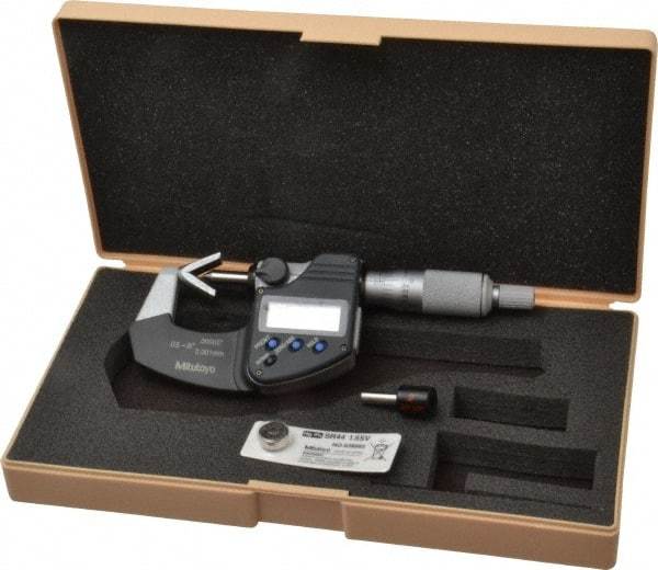 Mitutoyo - 0.05 to 0.6 Inch Measurement, Accuracy Up to 4 micro m, 3 Flutes Measured, Ratchet Stop Thimble, Electronic V Anvil Micrometer - 0.0001 Inch Resolution, Carbide, Data Output, SR44 Battery - Benchmark Tooling