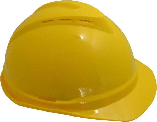 MSA - ANSI Type I, Class C Rated, 4-Point, Ratchet Adjustment Hard Hat - Size 6-1/2 to 8, Yellow, Standard Brim, Vented - Benchmark Tooling