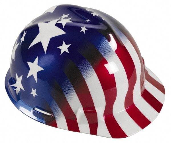 MSA - ANSI Type I, Class E Rated, 4-Point, Ratchet Adjustment Hard Hat - Size 6-1/2 to 8, Colored Graphics, Standard Brim, Stars & Stripes - Benchmark Tooling