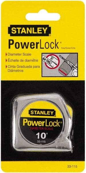 Stanley - 10' x 1/4" Yellow Blade Tape Measure - 1/32 & 1/16" Graduation, Inch Graduation Style, Silver Case - Benchmark Tooling