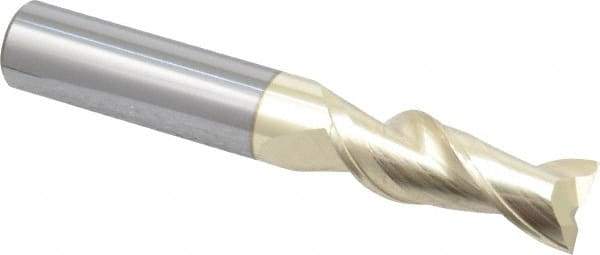 Accupro - 3/8", 1" LOC, 3/8" Shank Diam, 2-1/2" OAL, 2 Flute, Solid Carbide Square End Mill - Single End, ZrN Finish, Spiral Flute, Variable° Helix, Centercutting, Right Hand Cut, Right Hand Flute - Benchmark Tooling