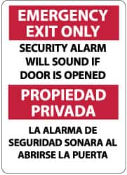 NMC - Emergency Exit Only - Security Alarm Will Sound If Door Is Opened, Pressure Sensitive Vinyl Exit Sign - 10" Wide x 14" High, English/Spanish - Benchmark Tooling