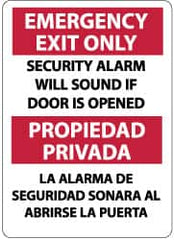 NMC - Emergency Exit Only - Security Alarm Will Sound If Door Is Opened, Pressure Sensitive Vinyl Exit Sign - 10" Wide x 14" High, English/Spanish - Benchmark Tooling