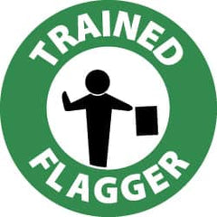 NMC - Trained Flagger, Hard Hat Label - White & Black on Green, 2" Thick, For Accident Prevention - Benchmark Tooling
