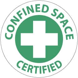 NMC - Confined Space Certified, Hard Hat Label - Green on White, 2" Thick, For Accident Prevention - Benchmark Tooling