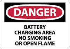NMC - "Danger - Battery Charging Area - No Smoking or Open Flame", 10" Long x 14" Wide, Pressure-Sensitive Vinyl Safety Sign - Rectangle, 0.004" Thick, Use for Accident Prevention - Benchmark Tooling