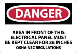 NMC - "Danger - Area in Front of This Electrical Panel Must Be Kept Clear for 36 Inches OSHA-NEC Regulations", 7" Long x 10" Wide, Rigid Plastic Safety Sign - Rectangle, 0.05" Thick, Use for Accident Prevention - Benchmark Tooling