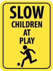 NMC - "Slow - Children at Play", "Child Playing", 18" Wide x 24" High, Aluminum Traffic Control Signs - 0.08" Thick, Black on Yellow, Engineer Grade Reflectivity, Rectangle, Post Mount - Benchmark Tooling