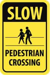 NMC - "Slow - Pedestrian Crossing", "Pedestrians Crossing", 12" Wide x 18" High, Aluminum Pedestrian Crossing Signs - 0.08" Thick, Black on Yellow, High Intensity Reflectivity, Rectangle, Post Mount - Benchmark Tooling