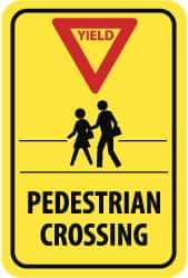 NMC - "Yield - Pedestrian Crossing", "Pedestrians, Red Triangle", 18" Wide x 24" High, Aluminum Pedestrian Crossing Signs - 0.08" Thick, Red & Black on Yellow, High Intensity Reflectivity, Rectangle, Post Mount - Benchmark Tooling