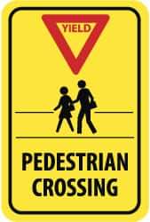 NMC - "Yield - Pedestrian Crossing", "Pedestrians, Red Triangle", 18" Wide x 24" High, Aluminum Pedestrian Crossing Signs - 0.08" Thick, Red & Black on Yellow, Engineer Grade Reflectivity, Rectangle, Post Mount - Benchmark Tooling