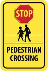 NMC - "Stop - Pedestrian Crossing", "Pedestrians Crossing", 12" Wide x 18" High, Aluminum Pedestrian Crossing Signs - 0.08" Thick, Red & Black on Yellow, High Intensity Reflectivity, Rectangle, Post Mount - Benchmark Tooling