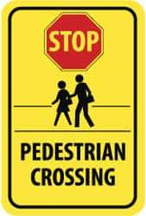 NMC - "Stop - Pedestrian Crossing", "Pedestrians Crossing", 12" Wide x 18" High, Aluminum Pedestrian Crossing Signs - 0.08" Thick, Red & Black on Yellow, High Intensity Reflectivity, Rectangle, Post Mount - Benchmark Tooling