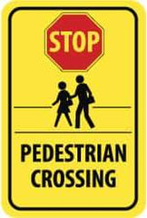 NMC - "Stop - Pedestrian Crossing", "Pedestrians Crossing", 18" Wide x 24" High, Aluminum Pedestrian Crossing Signs - 0.08" Thick, Red & Black on Yellow, High Intensity Reflectivity, Rectangle, Post Mount - Benchmark Tooling