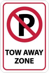 NMC - "Tow Away Zone", "Strike on P", 12" Wide x 18" High, Aluminum No Parking & Tow Away Signs - 0.08" Thick, Red & Black on White, High Intensity Reflectivity, Rectangle, Post Mount - Benchmark Tooling