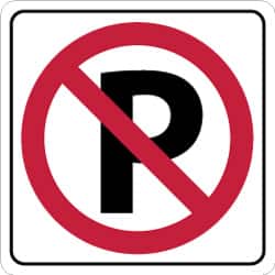 NMC - "Strike on P", 24" Wide x 24" High, Aluminum No Parking & Tow Away Signs - 0.08" Thick, Red & Black on White, Engineer Grade Reflectivity, Square, Post Mount - Benchmark Tooling