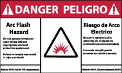 NMC - Accident Prevention Label, Header: DANGER - Legend: Danger - Arc Flash Hazard, English & Spanish, Red, Black & White, 5" Long x 3" High, Sign Muscle Finish - Benchmark Tooling