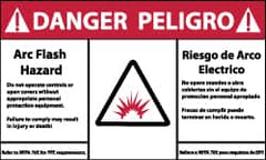 NMC - Accident Prevention Label, Header: DANGER - Legend: Danger - Arc Flash Hazard, English & Spanish, Red, Black & White, 5" Long x 3" High, Sign Muscle Finish - Benchmark Tooling