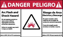 NMC - Accident Prevention Label, Header: DANGER - Legend: Danger - Arc Flash and Shock Hazard, English & Spanish, Red, Black & White, 5" Long x 3" High, Sign Muscle Finish - Benchmark Tooling