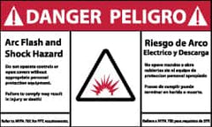 NMC - Accident Prevention Label, Header: DANGER - Legend: Danger - Arc Flash and Shock Hazard, English & Spanish, Red, Black & White, 5" Long x 3" High, Sign Muscle Finish - Benchmark Tooling