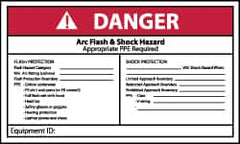 NMC - Accident Prevention Label, Header: DANGER - Legend: Danger - Arc Flash & Shock Hazard - Appropriate Pipe Required - Shows Check List, English, Red, Black & White, 5" Long x 3" High, Sign Muscle Finish - Benchmark Tooling